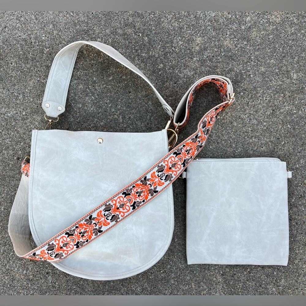 Adhorned Cream Boho Bag With Orange Western Strap and Smaller Bag Inset Vegan